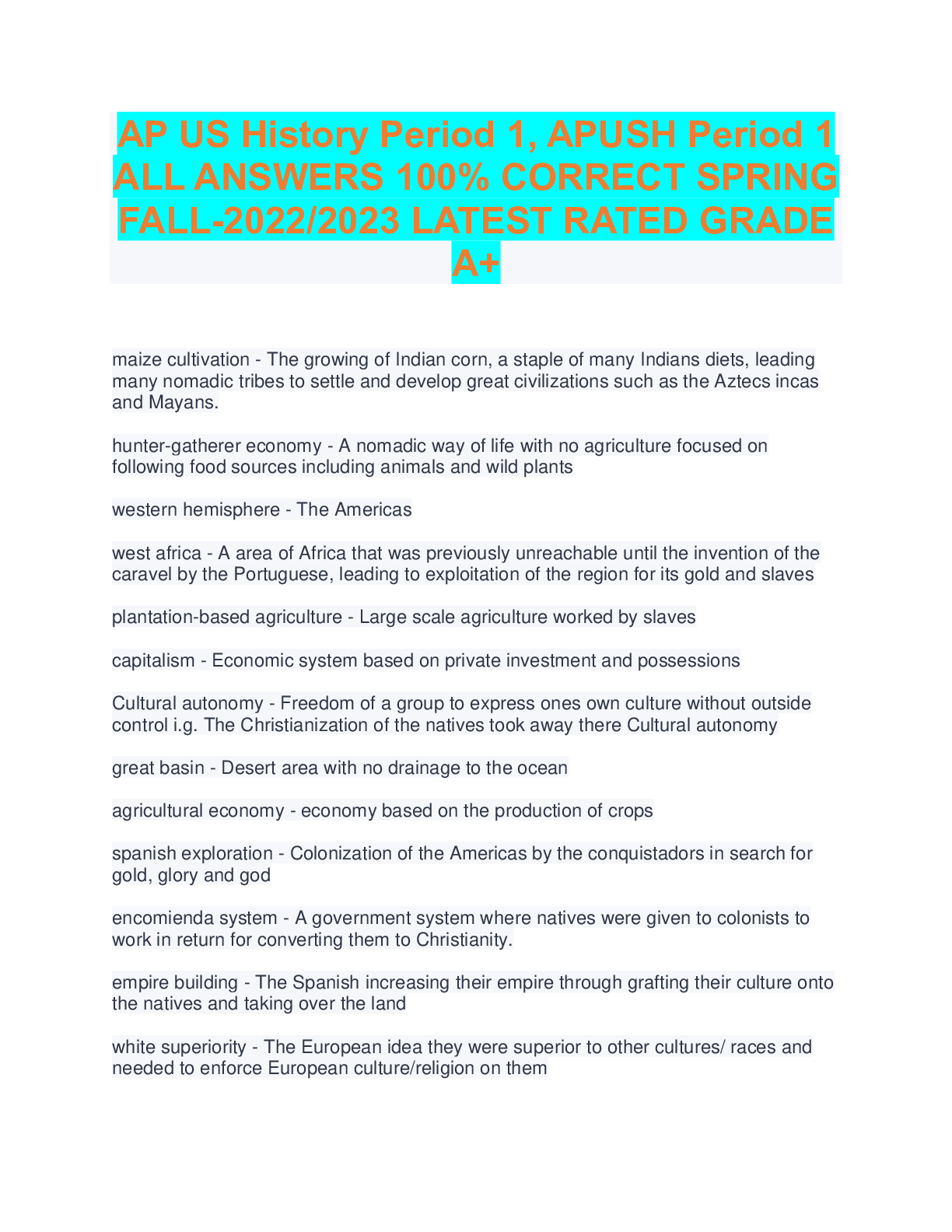 AP US History Period 1, APUSH Period 1 ALL ANSWERS 100 CORRECT SPRING